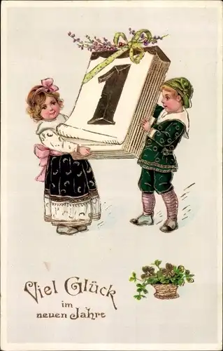 Ak Glückwunsch Neujahr, Kinder, Kalender, Glücksklee