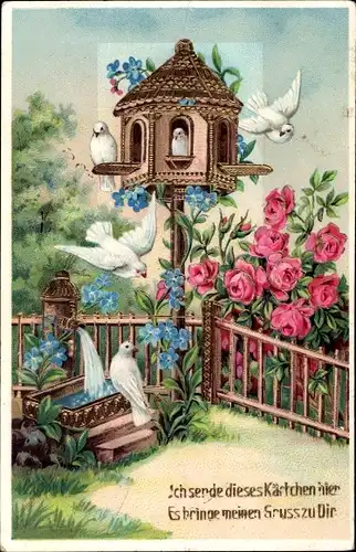 Ak Vogelhäuschen, Tauben, Rosen, Vergissmeinnicht, Kitsch