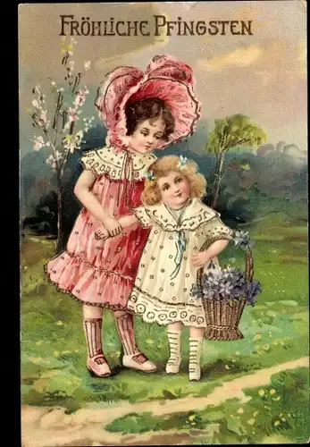 Litho Glückwunsch Pfingsten, Kinder, Geschwister, Blumenkorb