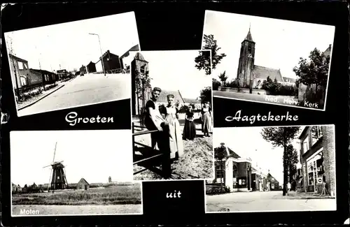 Ak Aagtekerke Zeeland Niederlande, Ned. Herv. Kerk, Molen, Straat