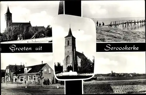 Ak Serooskerke Walcheren Zeeland Niederlande, Kirche, Strand, Feld, Ort