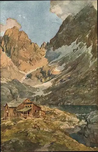 Künstler Ak Tristach Tirol, Karlsbaderhütte am Laserzsee, Lienzer Dolomiten