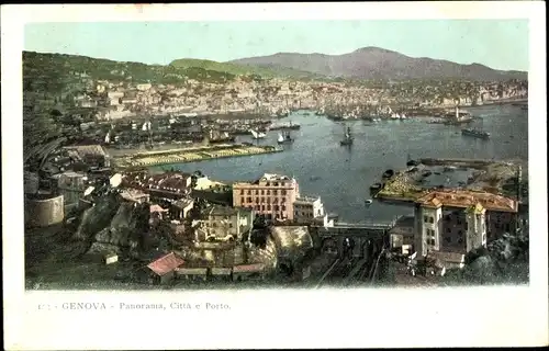 Ak Genova Genua Liguria, Panorama Citta e Porto