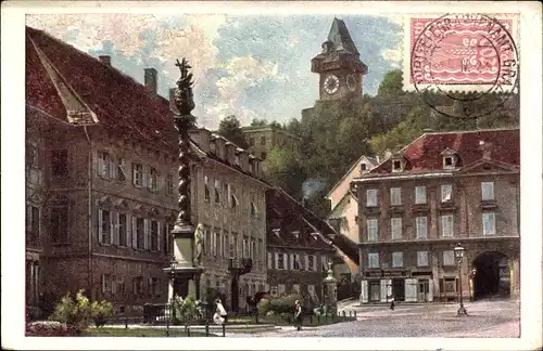 Künstler Ak Graz Steiermark, Teilansicht vom Ort, Denkmal, Kirche