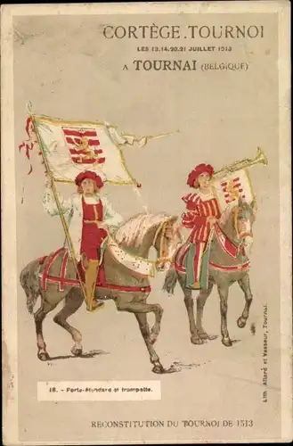 Ak Tournai Wallonien Hennegau, Cortege Tournoi, Fest, Ritterturnier, Fahnen, Trompete