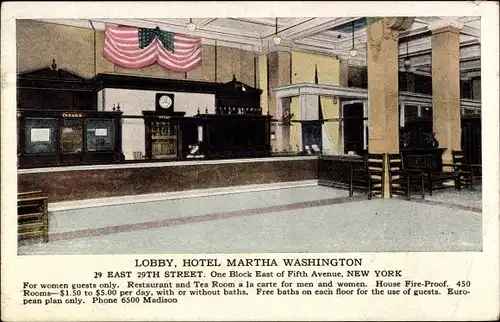Ak Manhattan New York City USA, Hotel Martha Washington, Lobby
