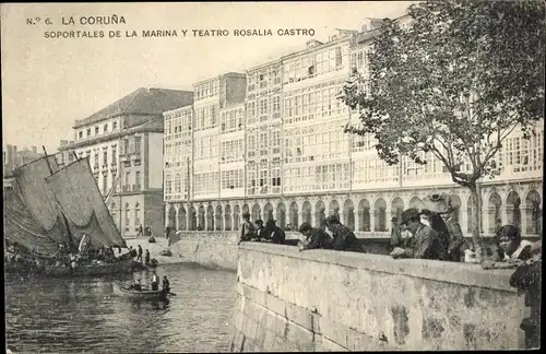Ak La Coruña Galicien, Soportales de la Marina y Teatro Rosalia Castro