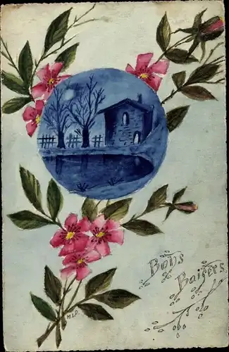Handgemalt Ak Bons Baisers, Haus im Mondschein, Rosen