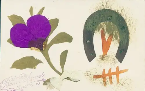 Handgemalt Stoff Ak Glückwunsch Neujahr, Lila Blüte, Hufeisen, Baum