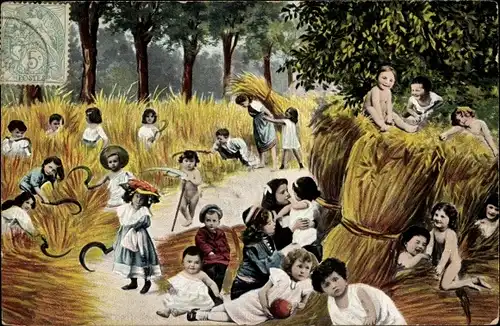 Ak Kleinkinder im Getreidefeld, Sichel, Sense, Fotomontage, Landwirtschaft