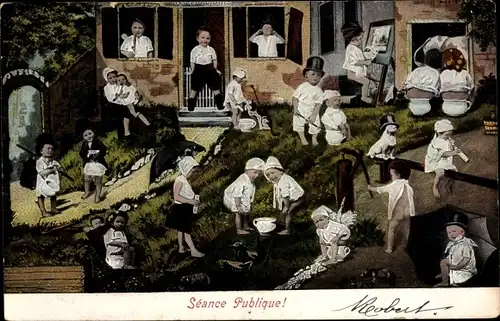 Ak Seance Publique, Kinder mit Nachttöpfen, Fotomontage