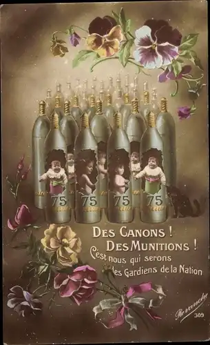 Ak Des Canons, des Munitions, Kinderportraits in Munitionhülsen, Propaganda Frankreich