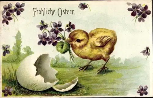 Präge Ak Glückwunsch Ostern, Geschlüpftes Küken, Eierschale, Veilchen