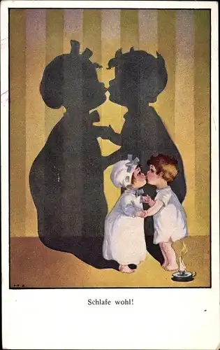 Künstler Ak Zahl, Hans, Schlafe wohl, Kinder in Nachthemden, Schatten