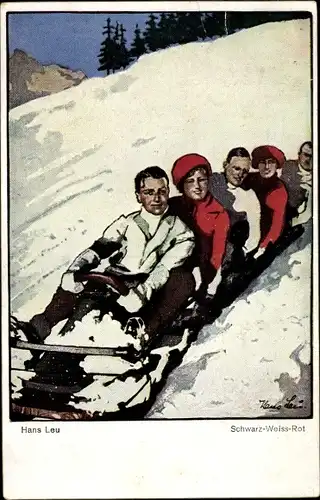Künstler Ak Leu, Hans, Schwarz Weiss Rot, Männer und Frauen auf einem Schlitten