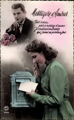 Ak Messagere d'Amour, Frau mit Liebesbrief, Briefkasten