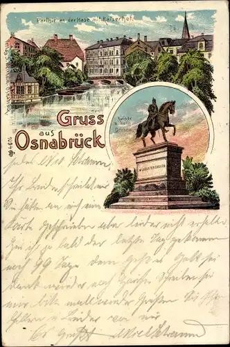 Litho Osnabrück in Niedersachsen, Kaiser-Wilhelm-Denkmal, Kaiserhof, Partie an der Hase