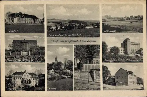 Ak Weißbach Amtsberg im Erzgebirge, Heim Linde, Kirche, Ehrenmal, Rathaus, Schule, Strumpffabrik