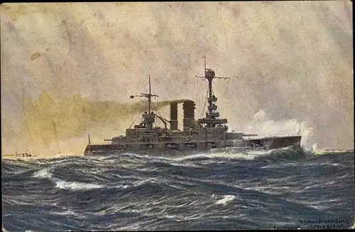 Künstler Ak Schmidt, Deutsches Kriegsschiff, Schlesien, Linienschiff, Reichsmarine