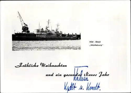 Foto Glückwunsch Neujahr, Deutsches Kriegsschiff, KM Boot Wolfsburg, Bundesmarine