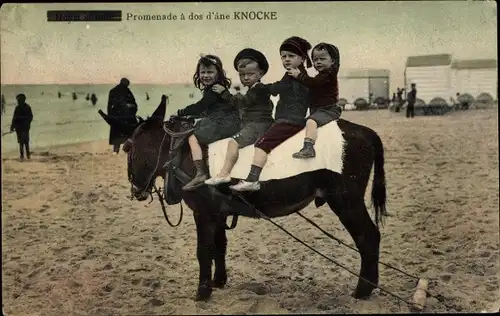 Ak Knokke Knocke Westflandern, Kinder auf Esel sitzend am Strand