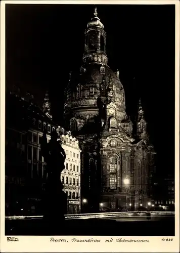 Ak Dresden, Frauenkirche mit Türkenbrunnen, Nachtbeleuchtung