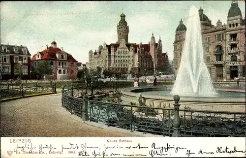 Ak Leipzig in Sachsen, Neues Rathaus, Springbrunnen