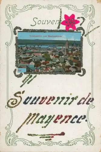 Glitzer Ak Mainz am Rhein, Mayence, Totalansicht vom Stephansturm