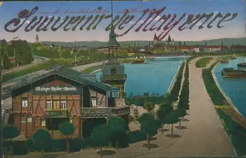 Glitzer Ak Mainz am Rhein, Mayence, Blick von der Eisenbahnbrücke, Mainzer Ruder-Verein