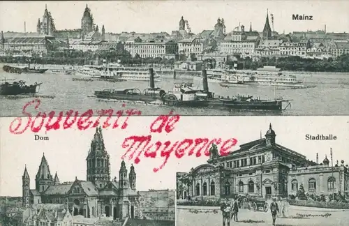 Glitzer Ak Mainz am Rhein, Mayence, Dom, Stadthalle, Salondampfer