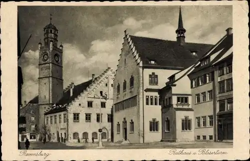 Ak Ravensburg in Württemberg Oberschwaben, Rathaus und Blaserturm