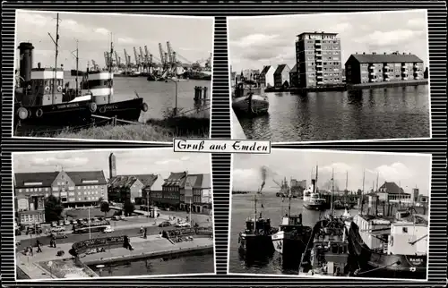 Ak Emden in Ostfriesland, Hafenpartie, Schiffe, Straßenpartie