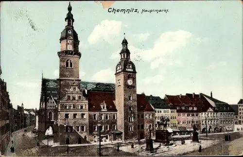 Ak Chemnitz Sachsen, Hauptmarkt, Rathaus, Denkmal