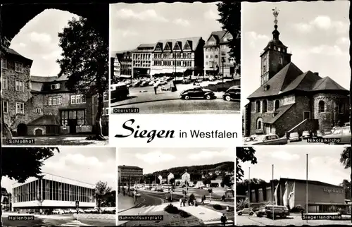 Ak Siegen in Westfalen, Schlosshof, Hallenbad, Siegerlandhalle, Bahnhofsvorplatz, Nikolaikirche