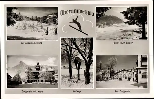 Ak Oberammergau in Oberbayern, Am unteren Skilift, Blick zum Laber, Am Dorfplatz, Winter, Schnee