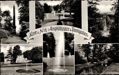 Ak Kleve am Niederrhein, Amphitheater und Forstgarten, Fontänen, Brücke, Säule