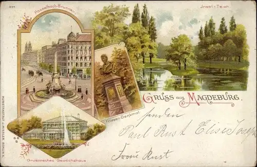 Litho Magdeburg an der Elbe, Inselteich, Friesen-Denkmal, Hasselbach-Brunnen, Gruson Gewächshaus