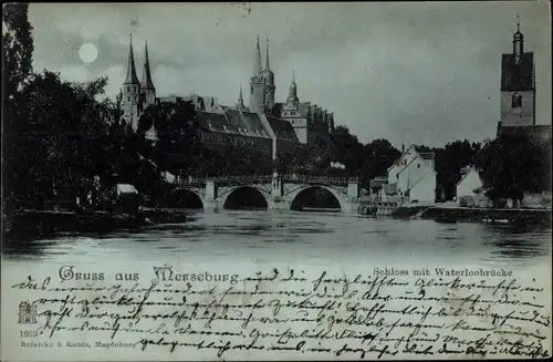 Mondschein Ak Merseburg an der Saale, Schloss mit Waterloobrücke