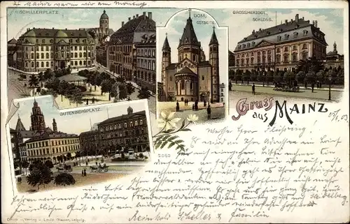 Litho Mainz am Rhein, Großherzgl. Schloss, Gutenbergplatz, Schillerplatz, Dom, Oststeite