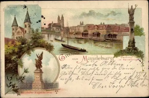 Litho Magdeburg, Marienkirche, Denkmal im Herrenkruge, Neustädter Siegesdenkmal