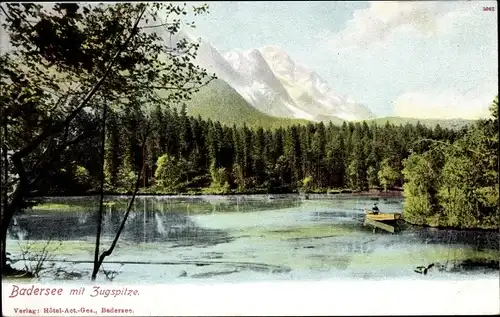 Ak Garmisch Partenkirchen in Oberbayern, Badersee mit Zugspitze, Ruderboot