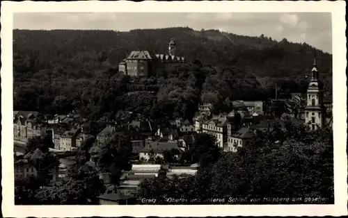 Ak Greiz im Vogtland, Oberes und Unteres Schloss, vom Hainberg aus gesehen