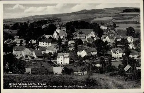 Ak Wiesa Thermalbad Wiesenbad im Erzgebirge, Panorama mit Schule, Kirche, Rittergut