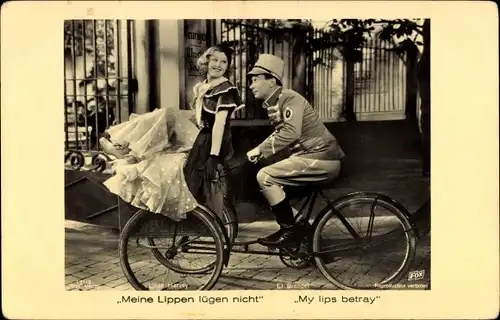 Ak Schauspieler Lilian Harvey und El Brendel, Meine Lippen lügen nicht, Fahrrad, Ross Verlag 191 3