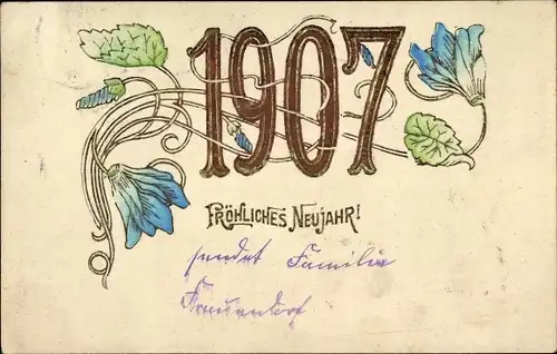 Präge Ak Glückwunsch Neujahr 1906, Blaue Blumen