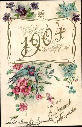 Litho Glückwunsch Neujahr 1904, Vögel, Blumen, Vergissmeinnicht