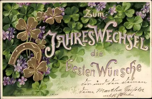 Präge Litho Glückwunsch Neujahr, Hufeisen, Blumen, Glücksklee