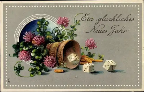 Ak Glückwunsch Neujahr, Würfel, Becher, Glücksklee