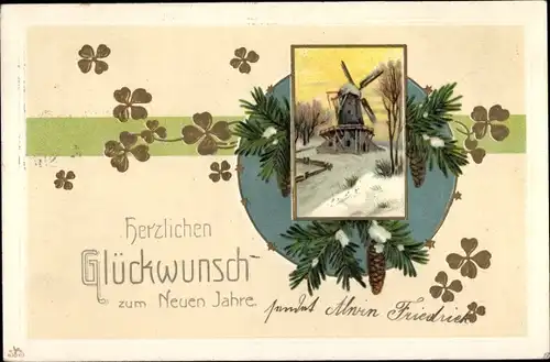 Ak Glückwunsch Neujahr, Glücksklee, Windmühle, Zapfen, Tannenzweige