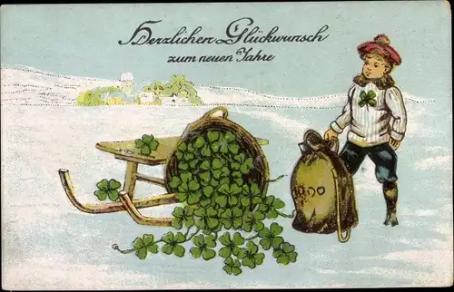Präge Ak Glückwunsch Neujahr, Junge, Geldsack, Glücksklee, Schlitten